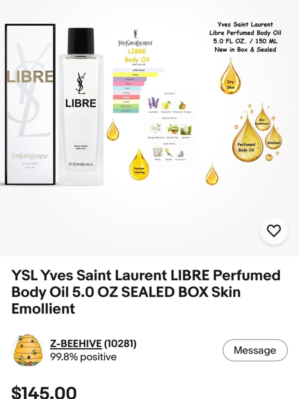 5.0 oz YSL prism LIBRE perfumed Body Oil for hair and body. Full bottle.